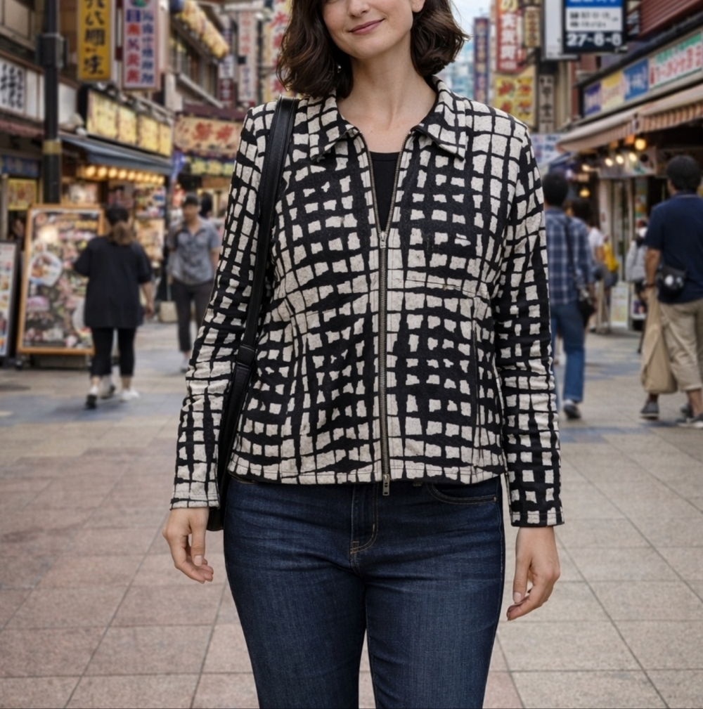 Joseph‎ Ribkoff Checkered Graphic Print Full Zip Jacket Size 12